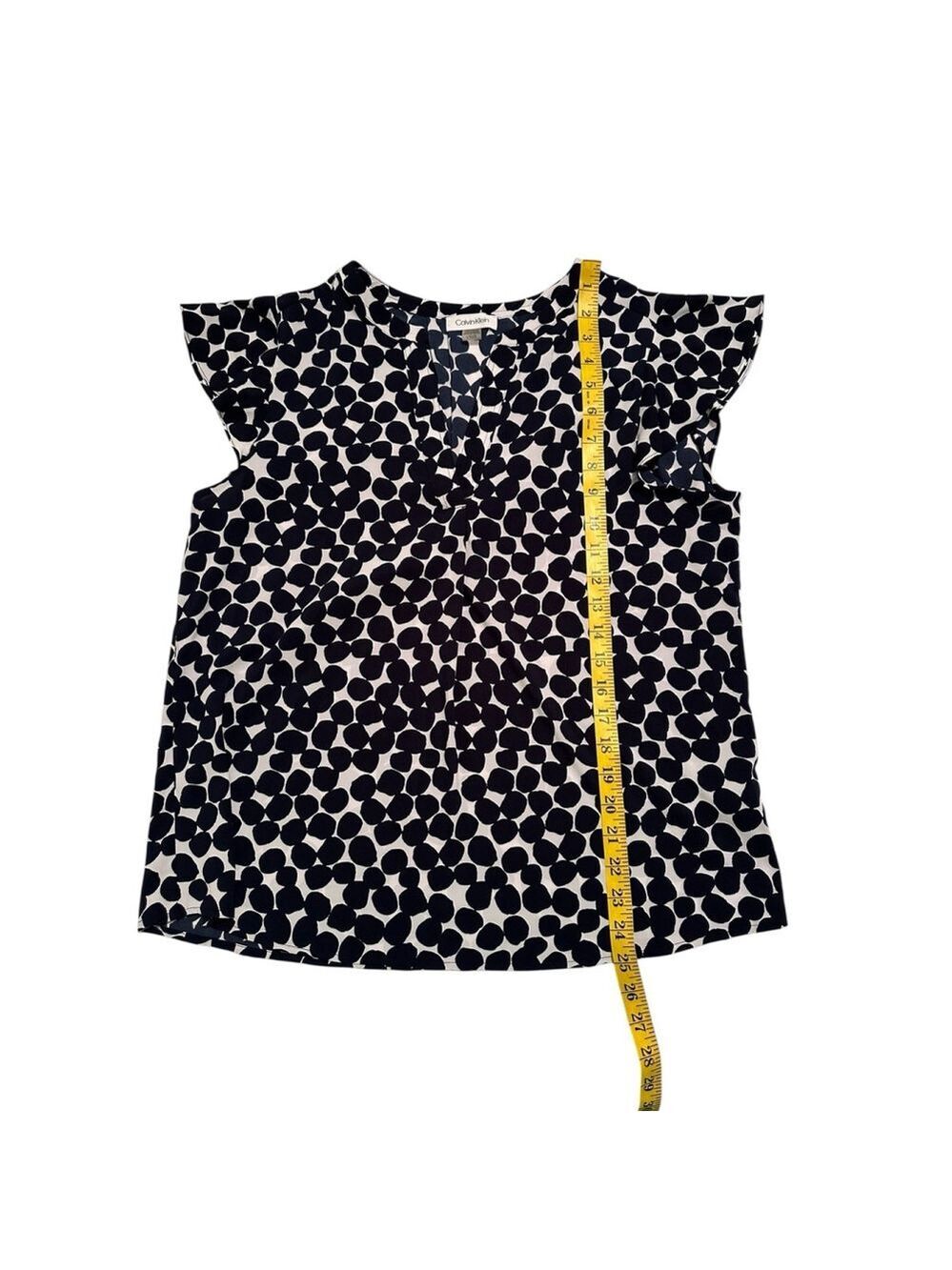 Calvin Klein Chic Career Blouse Womens L Blue & White Dots Short Flutter Sleeves - Picture 9 of 16